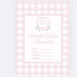 NUR DIGITAL rosa Gingham Monogramm Baby Mädchen Krankenhaus Schild, Wappen Gewicht Größe Name Zeit Geburtsnummer Ankündigung, preppy grandmillennial