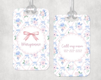 custom flower bow pink gingham Bow Bag Tag Pink Watercolor Back to School Backpack Tag Laminated Baby Girl Diaper Bag Tag Kid Tag