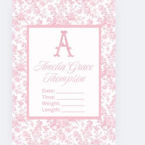 NUR DIGITAL rosa Toile Monogramm Baby Mädchen Krankenhaus Schild, Wappen Gewicht Größe Name Zeit Geburt Stats Ankündigung, preppy grandmillennial