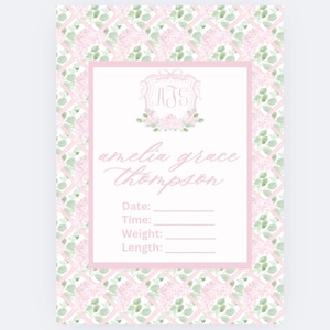 NUR DIGITAL rosa Blumenmonogramm Baby Mädchen Krankenhaus Schild, Wappen Gewicht Größe Name Zeit Geburtsnummer Ankündigung, adrett grandmillennial