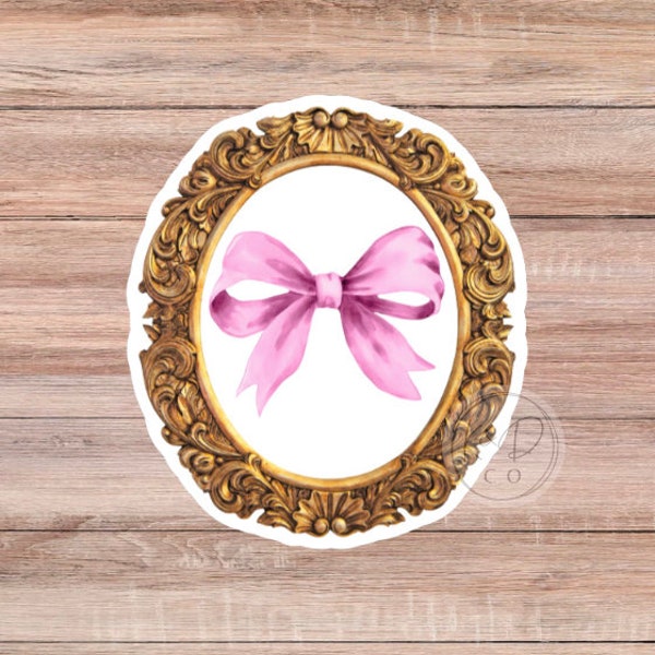 Coquette gold frame pink bow sticker, Aesthetic magnet  Soft Girl Era Bow Preppy Vintage Pink Bow Sticker Trendy pink bow, vinyl Soft
