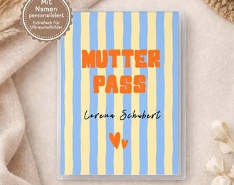 Mutterpasshülle personalisiert mit Namen, Geschenkidee werdende Mama, Umschlag für Mutterpass, Streifen blau gelb, Schrift orange schwarz