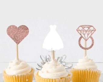 Rose Gold Bridal Shower Cupcake Topper Set | Bride To Be Cupcake Topper Set | Wedding Dress Cupcake Topper Set | Bachelorette Cupcake Set |