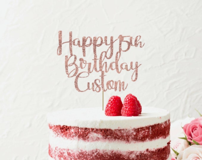 Rose Gold Glitter Happy Birthday Cake Topper | Personalized Happy ...