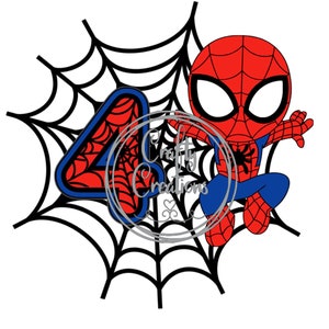 May include: A cartoon illustration of Spider-Man in a dynamic pose, set against a black spiderweb. The number "4" is featured in red and blue, with the text "Craft Creations & Co" overlaid. The character is in red and blue.