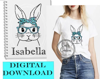 Instant Digital download, Bunny with bow and glasses PNG and JPEG file. Easter, Kids, ladies, Sublimination, Craft,