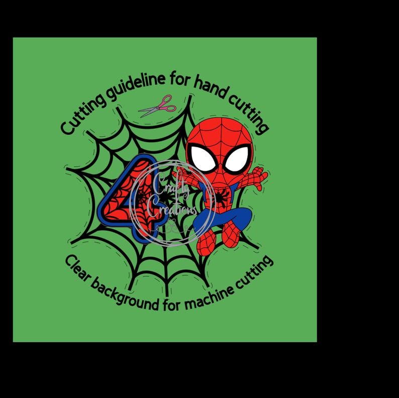 May include: A green graphic featuring a cartoon Spider-Man character within a black spiderweb design. The image includes text that reads "Cutting guideline for hand cutting" and "Clear background for machine cutting."