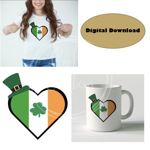 PDF Digital download, St Patricks Day, Shamrock, heart, Irish flag, sublimination, Mugs, Tshirts, tops,