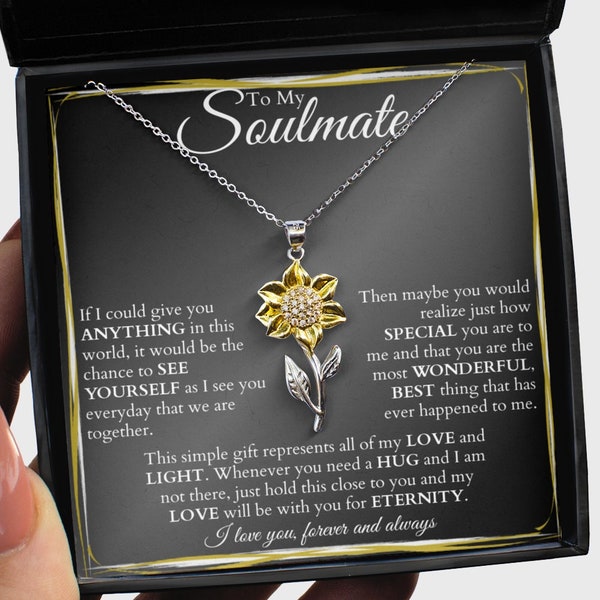 To my Soulmate, Gold, Silver & Crystal Sunflower Necklace, Romantic Gift for Girlfriend, Wife, Partner, Newlyweds, Date / Anniversary or BFF