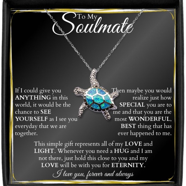 To my Soulmate, Silver & Opal Sea Turtle Necklace, Lovely Gift for Girlfriend, Wife, Partner, Boyfriend, Newlyweds, Date or Anniversary Gift