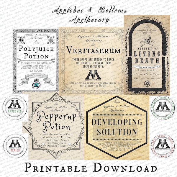 Printable Downloadable Potion Labels for Your Own Potion Collection, Halloween or Party Vintage Apothecary Potion Labels for Jars or Bottles