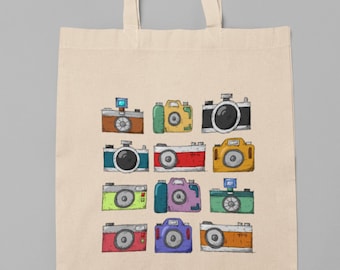 Retro Cameras Print Organic Tote Bag Reusable Bag, Long Handles, Cotton camera bag, gift for photographer, Unique Gift Premium Cotton