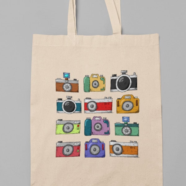 Retro Kameras Print Bio-Einkaufstasche Wiederverwendbare Tasche, Lange Griffe, Kameratasche aus Baumwolle, Geschenk für Fotografen, Einzigartiges Geschenk Premium Baumwolle