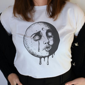 Crying Moon T-Shirt, Surreal Graphic Tee, Dripping Moon Face Shirt, Unisex Witchy Aesthetic