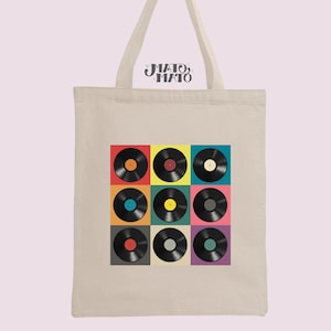 Retro Vinyl Records Pop Art Tote, great gift for the music lover, Vinyl Record DJ collector gift, unique birthday gift for the friend