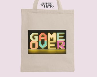 Retro-Game Over Print Tote Bag Reusable Bag, Long Handles, Cotton Book bag, Gift bag, gamer gift, Unique Gift Premium Cotton