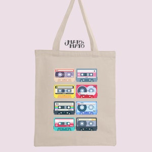 Cassette Tapes Tote Bag, Retro, Vintage Print Organic Tote Bag Reusable Bag with Long Handles, Cotton Book bag, Gift bag, Eco bag
