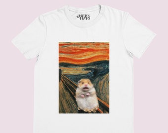 Camicia meme criceto spaventato, maglietta divertente, parodia dell'urlo Edward Munch, fantastici regali unici, meme criceto triste