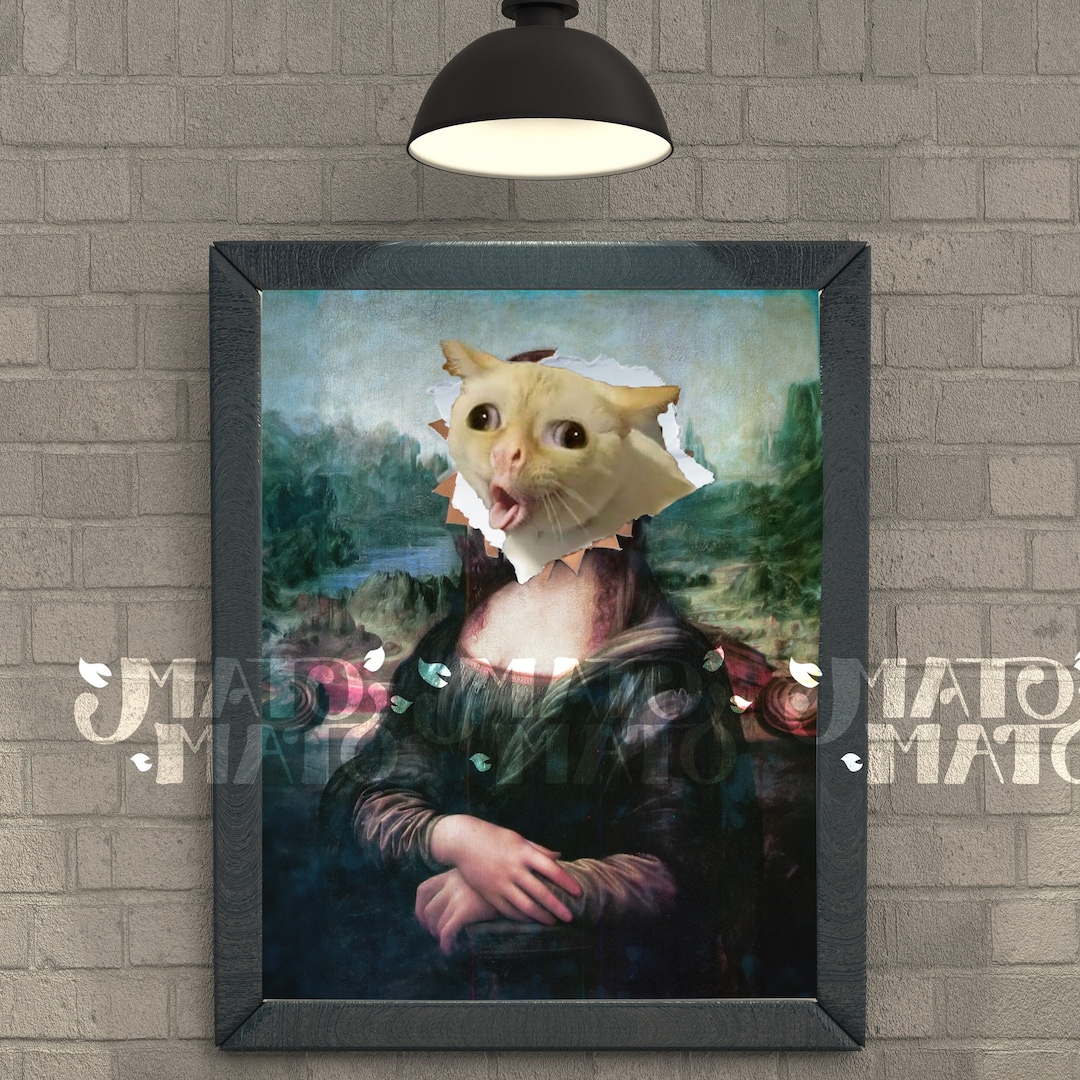 Gagging Cat Mona Lisa Meme Print, Funny Altered Art Poster, Unique Wall
