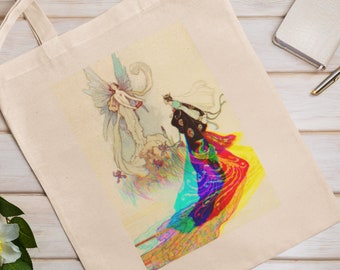 Canvas Print Vintage Fairy Tale Organic Tote Bag Reusable Bag, Long Handles, Cotton Book bag, Gift bag, Eco bag, Unique Gift Premium Cotton