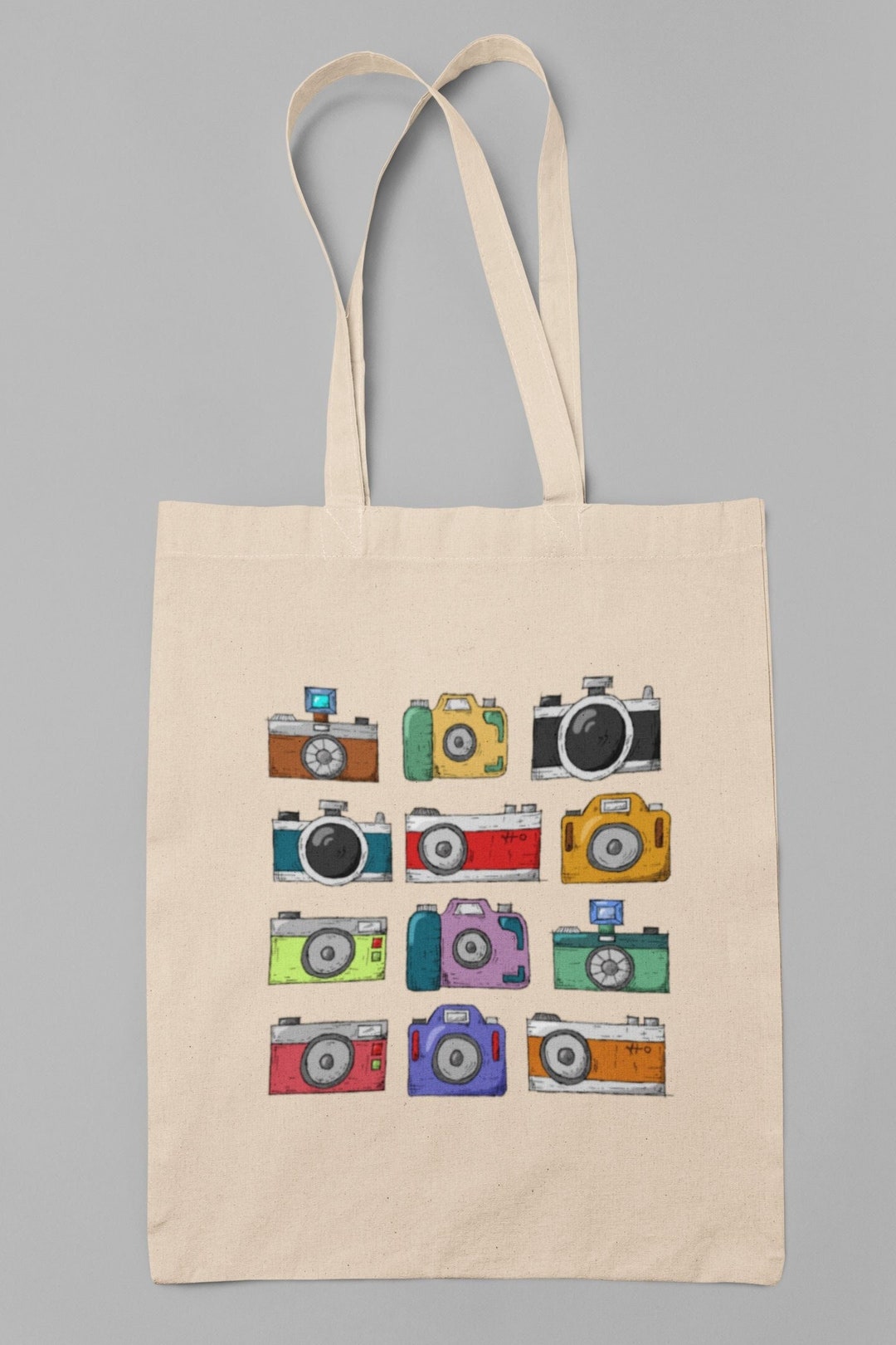 Retro Cameras Print Organic Tote Bag Reusable Bag, Long Handles, Cotton