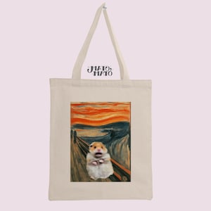 Scared Hamster Meme Tote Bag, Edward Munch The Scream, Funny Cute Aesthetic Meme Gift Premium Cotton