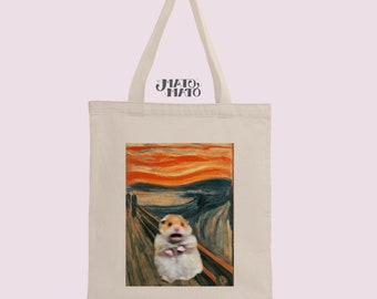 Scared Hamster Meme Tote Bag, Edward Munch The Scream, Funny Cute Aesthetic Meme Gift Premium Cotton