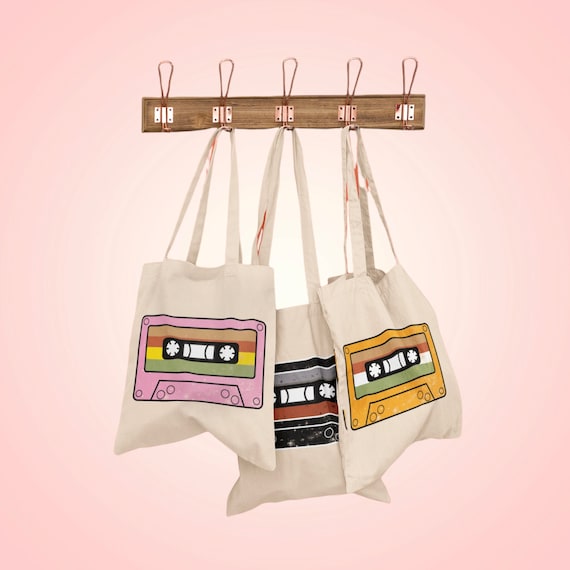Retro Cassette Tape Tote Bag, Canvas Cotton Old School Print
