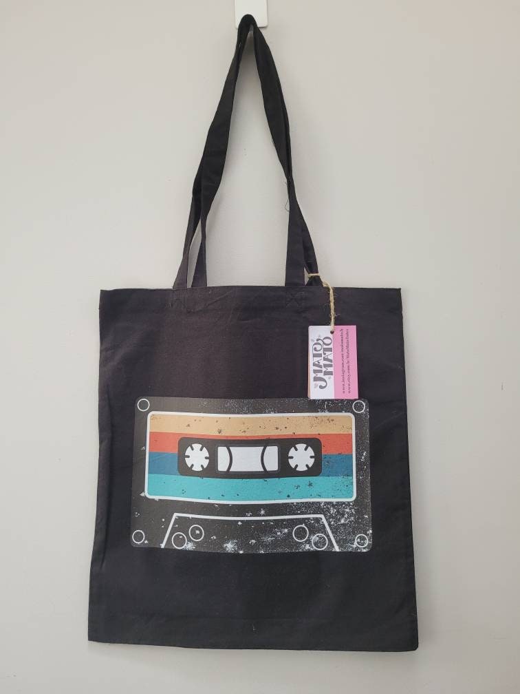 Buy Retro Cassette Tape Print Tote Bag: 90s Style Cotton Canvas