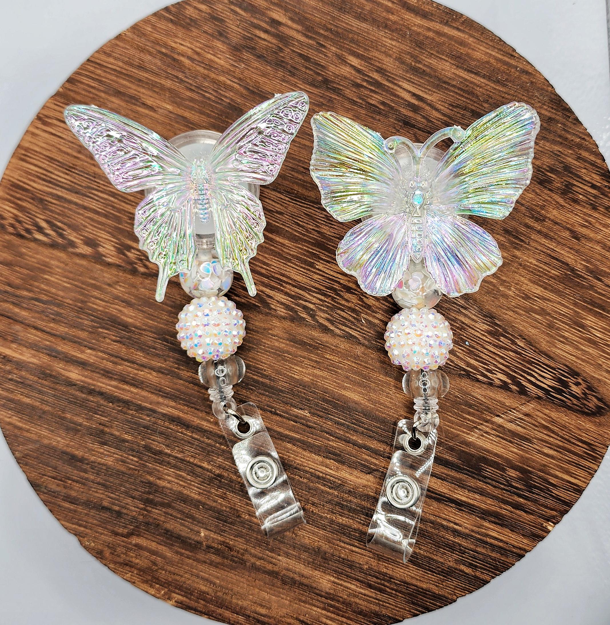 Luminous butterfly badge reel,Trendy rhinestone ID name tag holder, adorable gift,provider badge buddy, RN tag clip,EMT retractable reel