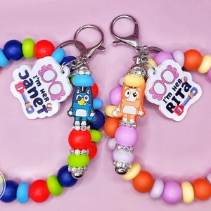 Blue & orange granny dog wristlet, car key holder, nice parking spot, rita and Janet, here come the  grannies, badge holder