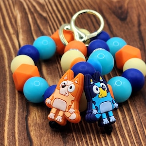 Puppy sisters wristlet,character keychain,handmade jewelry, cartoon puppy, women's accessories, blue dog bead