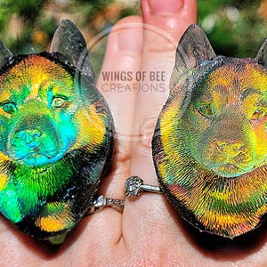 May include: Two iridescent dog-shaped rings. The rings feature a detailed dog face with black ears and a colorful, shimmering finish in shades of green, yellow, and blue. The rings are held up by a hand.