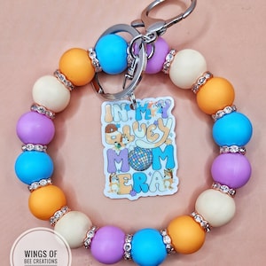 Blue mom dog era wristlet,character keychain,handmade jewelry, cartoon puppy, women's accessories,keyring bling