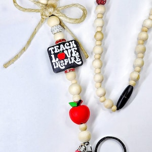 Wooden teacher lanyard,occupational therapy badge holder,red apple charm,wooden bead lanyard,kindergarten teacher gift,red tassel keychain