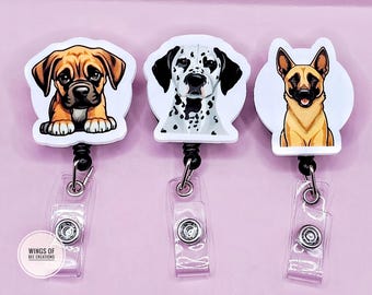 Dog breed style badge reel,teacher key card holder,animal lover,back to school,quality acrylic,cute puppy,boxer,dalmatian,Belgian malinois