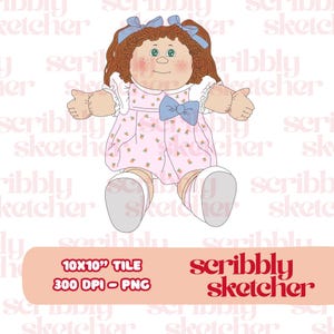 May include: A digital illustration of a doll with red hair, blue bows, and a pink dress adorned with small yellow flowers. The doll has green eyes and rosy cheeks. The image includes the text "10x10" TILE 300 DPI - PNG" and "scribbly sketcher".