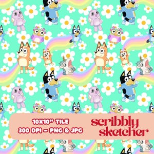 May include: A repeating pattern featuring cartoon dogs, unicorns, and other characters on a light teal background. White daisies and a rainbow arch across the design. The text "10x10" TILE" and "scribbly sketcher" are also present.