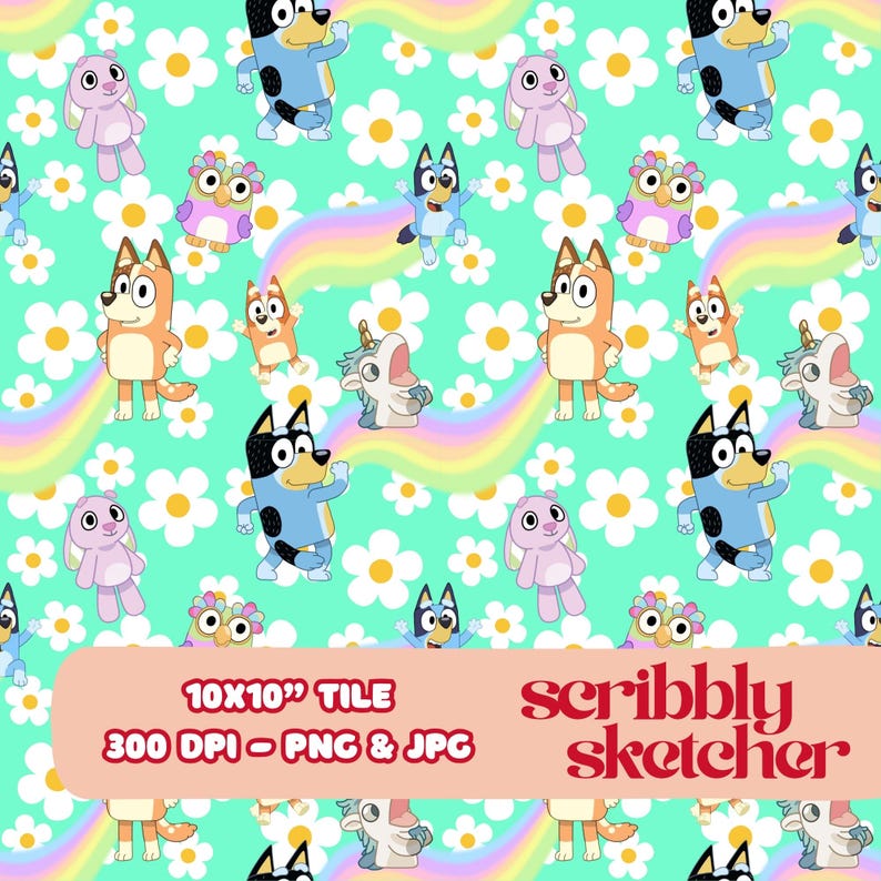 May include: A repeating pattern featuring cartoon dogs, unicorns, and other characters on a light teal background. White daisies and a rainbow arch across the design. The text "10x10" TILE" and "scribbly sketcher" are also present.
