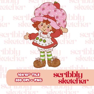 Könnte beinhalten: Eine Zeichentrickfigur mit rotem Wollhaar, einem rosa Hut mit Erdbeermuster, einem roten Kleid mit weißer Schürze mit grünen Flicken sowie grün-weiß gestreiften Strümpfen und braunen Schuhen. Der Text lautet 10x10" TILE 300 DPI - PNG.