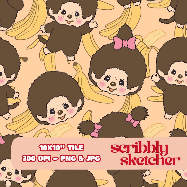 May include: Seamless pattern featuring cartoon monkeys with brown fur and pink cheeks, interspersed with yellow bananas on a peach background. The text "10x10" TILE" and "300 DPI - PNG & JPG" is displayed, along with the "scribbly sketcher" logo.