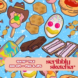 Puede incluir: Un patrón caprichoso con dulces y golosinas de dibujos animados sobre un fondo azul claro. El diseño incluye helados, galletas, caramelos y pasteles. El texto de la imagen dice "10x10" Tile" y "scribbly sketcher".