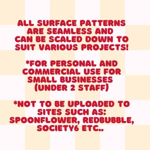 May include: Text on a cream and white checkered background. The text in red states that all surface patterns are seamless and can be scaled down. It also mentions personal and commercial use for small businesses and restrictions on uploading to certain sites.