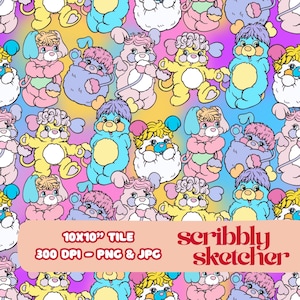 May include: A repeating pattern of colorful cartoon characters in various poses. The characters are in shades of pink, yellow, blue, and purple, with white accents. The background is a gradient of pastel colors. The text "10x10" Tile" and "scribbly sketcher" is visible.
