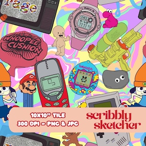 May include: A colorful digital illustration featuring retro toys and gadgets. Includes a pink Baby-G watch, a Tamagotchi, a red cell phone, a Super Soaker water gun, and a whoopee cushion. The image also has the text "10x10" TILE" and "scribbly sketcher".