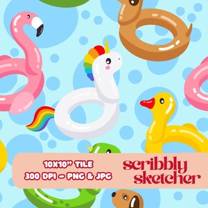 Könnte beinhalten: Ein nahtloses Muster mit aufblasbaren Schwimmreifen in Form eines Flamingos, Einhorns, einer Ente und eines Hundes. Die Schwimmreifen sind in verschiedenen Farben gehalten, darunter Rosa, Weiß, Gelb und Braun, vor einem hellblauen Hintergrund mit blauen Kreisen. Der Text "10x10" TILE 300 DPI - PNG & JPG" und "scribbly sketcher" ist enthalten.