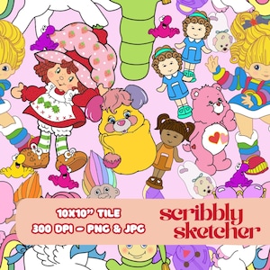 May include: A repeating pattern on a pink background featuring cartoon characters such as a strawberry doll, a yellow bear, and a pink Care Bear. The image includes the text "10x10" TILE" and "scribbly sketcher".