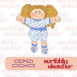 May include: A digital illustration of a doll with blonde pigtails, blue eyes, and rosy cheeks. The doll wears a light blue romper with a floral pattern and a matching bow. The image includes the text "scribbly sketcher" and "10x10" TILE 300 DPI - PNG".