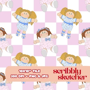 May include: A repeating pattern of cartoon dolls in blue and pink outfits with bows, set against a pink and white checkered background. The image includes text that reads "10x10" Tile, 300 DPI - PNG & JPG" and "scribbly sketcher".