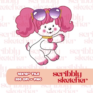 May include: A cartoon dog illustration with pink fur, wearing sunglasses and a heart-shaped collar. The dog is white with pink accents and is holding a heart. The image includes the text "10x10" TILE 300 DPI - PNG" and "scribbly sketcher".